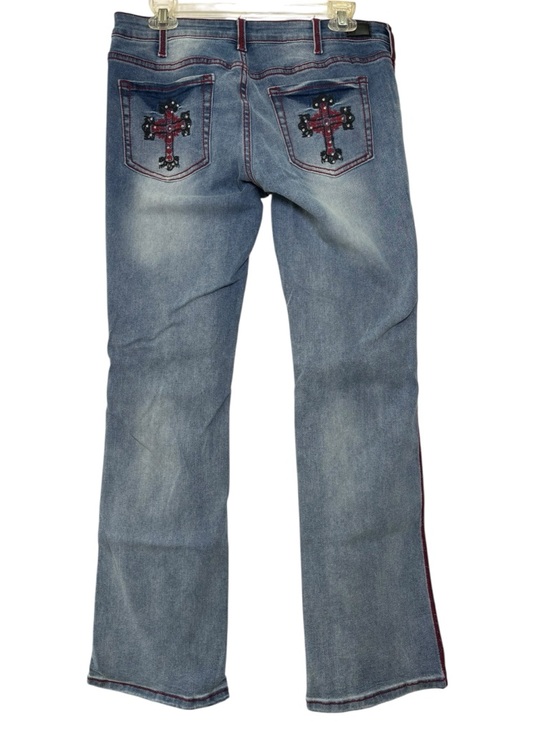 Flamingals Embroidered Red Crosses Distressed Blue Women's L 32x30 Flare Jeans - Picture 3 of 7
